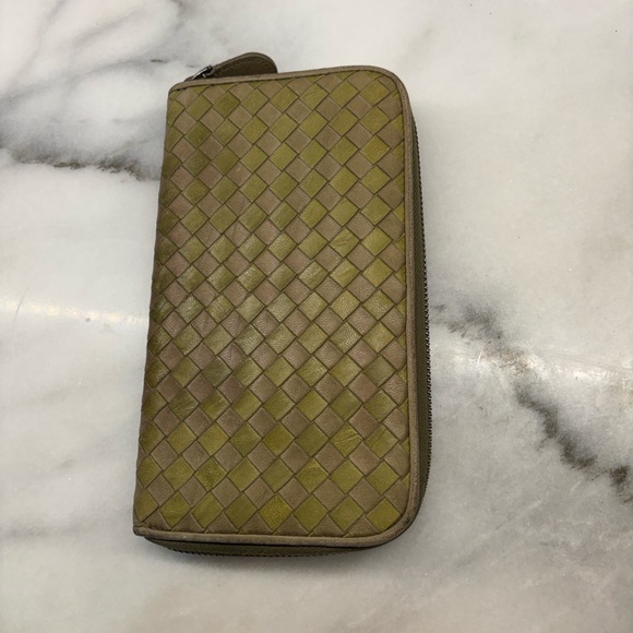 Bottega Veneta Handbags - Bottega Veneta Intrecciato Zip Around Wallet Olive Taupe Woven Leather Italy